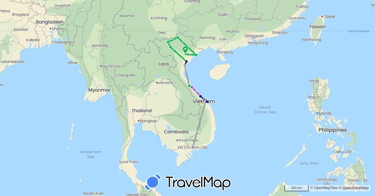 TravelMap itinerary: driving, bus, plane, train in Vietnam (Asia)